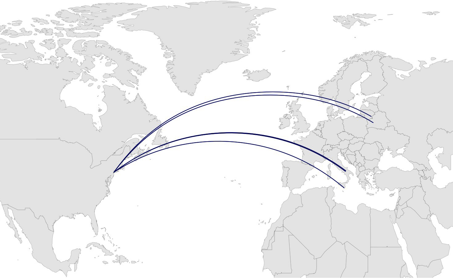 Image of map with arcs connecting ancestral cities to New York